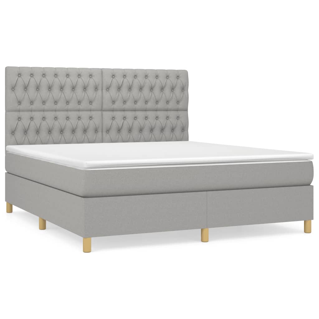 Cama box spring con colchón tela gris claro 180x200 cm diseño de botones