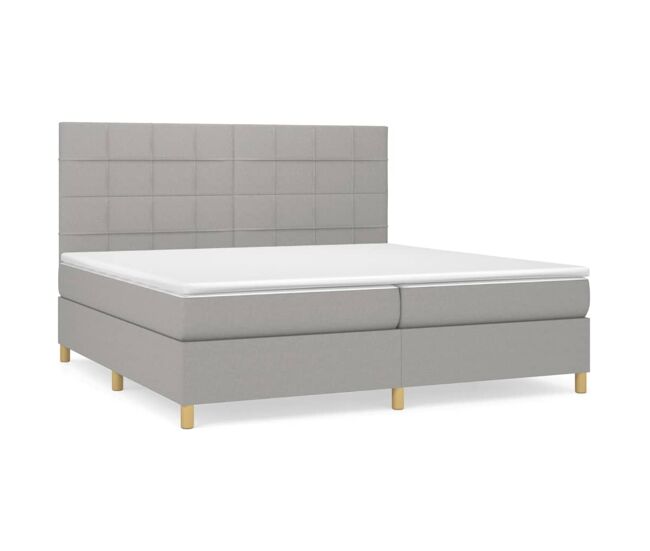 Cama box spring con colchón tela gris claro 200x200 cm bloques con cuadros