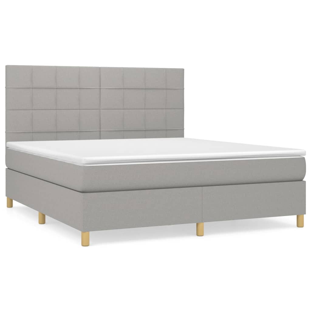 Cama box spring con colchón tela gris claro 160x200 cm bloques con cuadros