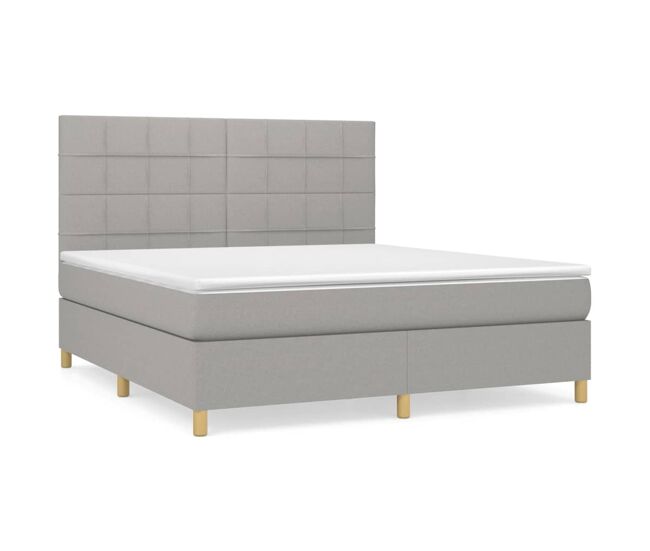 Cama box spring con colchón tela gris claro 160x200 cm bloques con cuadros