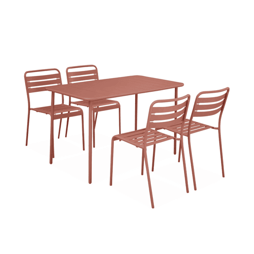 Mesa de jardim em metal, 4 cadeiras, Amelia, Terracota, 120x70x72.5 cm Mesa de jardim em metal, 4 cadeiras, Amelia, Terracota, 120x70x72.5 cm