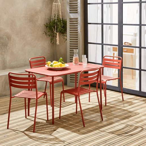Mesa de jardim em metal, 4 cadeiras, Amelia, Terracota, 120x70x72.5 cm Mesa de jardim em metal, 4 cadeiras, Amelia, Terracota, 120x70x72.5 cm