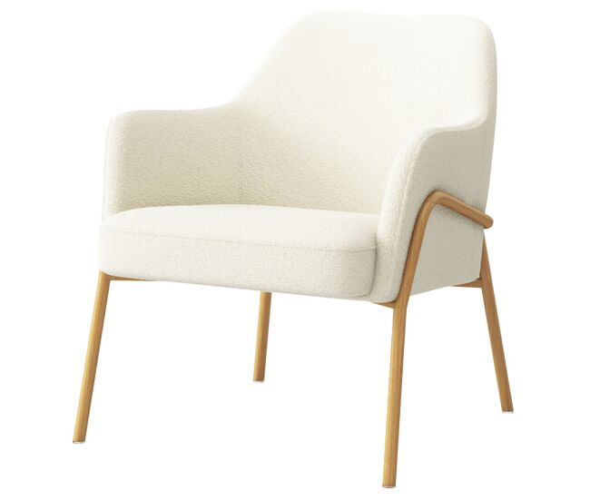 Sillón de tela bouclé crudo y metal efecto roble