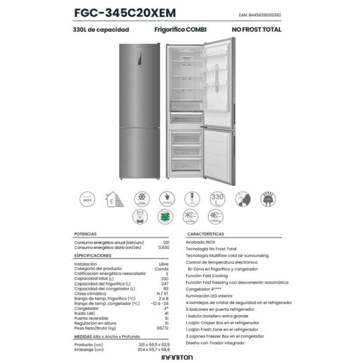INFINITON Frigorifico Combinado FGC-345C20XEM, 330 l, 201 cm, Total No Frost, E, Inox