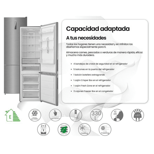 INFINITON Frigorifico Combinado FGC-345C20XEM, 330 l, 201 cm, Total No Frost, E, Inox