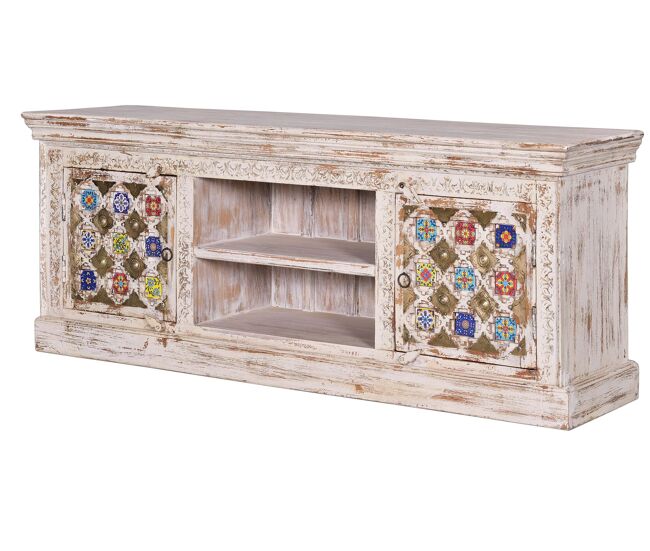 Mueble de tv madera de mango detalles en cerámica y bronce. Blanco.Giner y Colomer 60x40x150