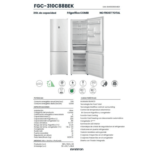 Frigorífico combinado INFINITON FGC-310C88BEK, 310 l, 188 cm, Total No Frost, E, Branco
