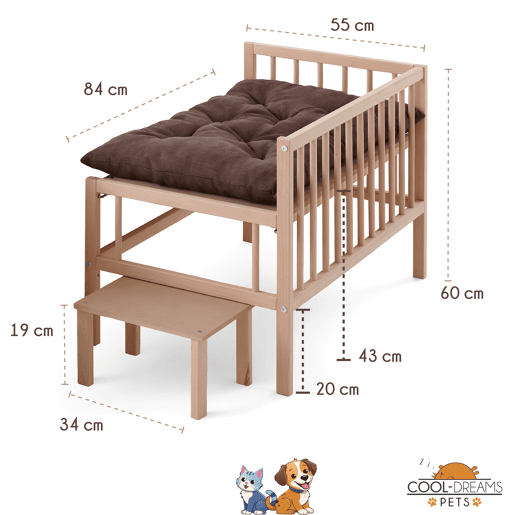 Cama elevada para animais de estimação com escada. Com colchão anti-riscos incluído. Colecho com o seu cão ou gato. 2 alturas. Faunatic Basic