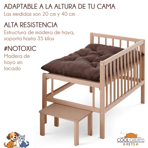 Cama elevada para animais de estimação com escada. Com colchão anti-riscos incluído. Colecho com o seu cão ou gato. 2 alturas. Faunatic Basic