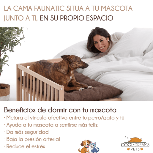 Cama elevada para animais de estimação com escada. Com colchão anti-riscos incluído. Colecho com o seu cão ou gato. 2 alturas. Faunatic Basic