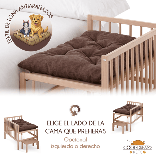 Cama elevada para animais de estimação com escada. Com colchão anti-riscos incluído. Colecho com o seu cão ou gato. 2 alturas. Faunatic Basic