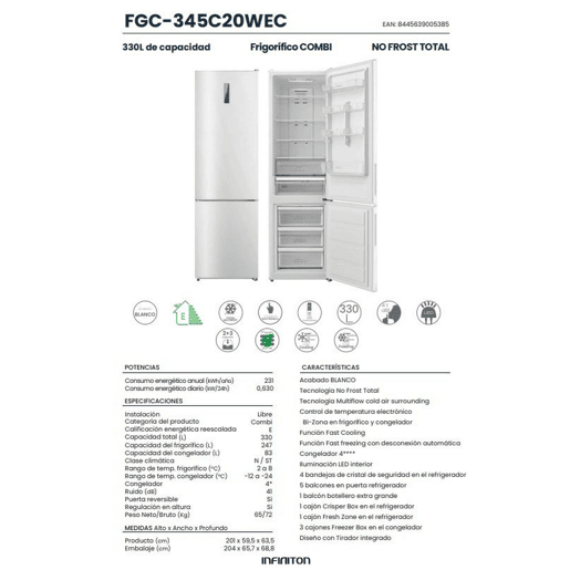 INFINITON Frigorifico Combinado FGC-345C20WEC, 330 l, 201 cm, Total No Frost, E, Branco
