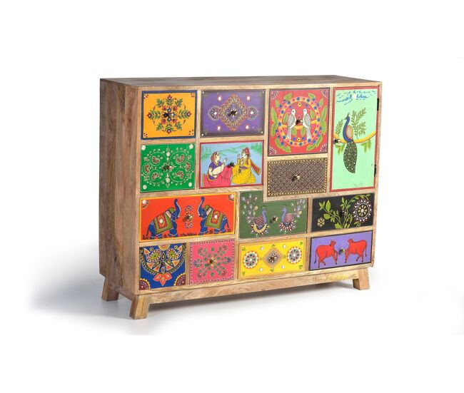 Cómoda madera de mango pintado a mano multicolor MULTICOLOR.Giner y Colomer 90x35x112