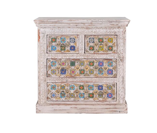Cómoda madera de mango y detalles en cerámica y bronce Blanco.Giner y Colomer 90x40x90