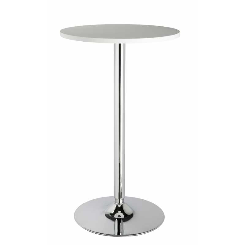 Mesa alta tipo bar color blanco. tablero superior de mdf con 20 mm de espesor. patas y base cromada.