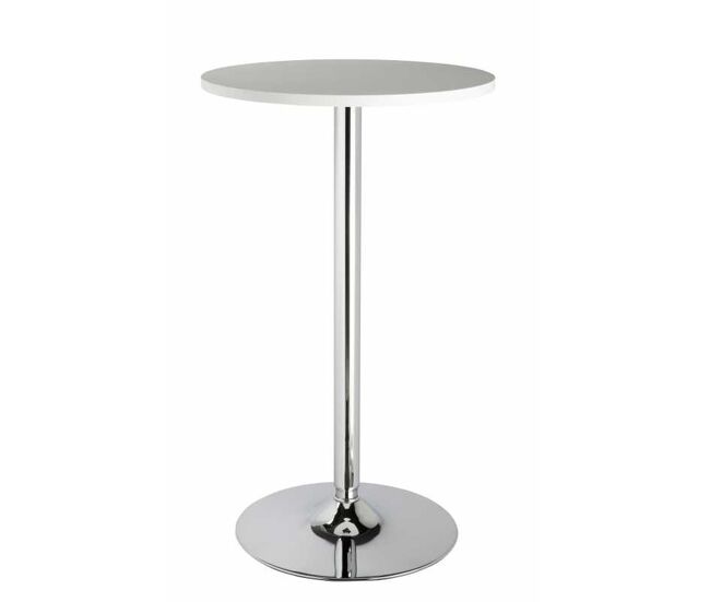 Mesa alta tipo bar color blanco. tablero superior de mdf con 20 mm de espesor. patas y base cromada.