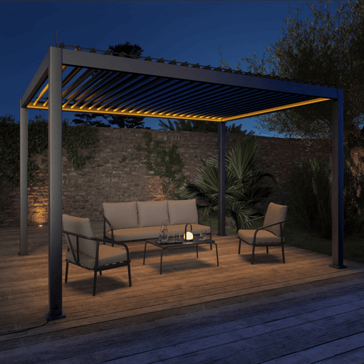 Pérgola eléctrica bioclimática de 3x4m de alumínio com iluminação LED, Triomphe 3x4m LED, Antracite, 391x301x250 cm