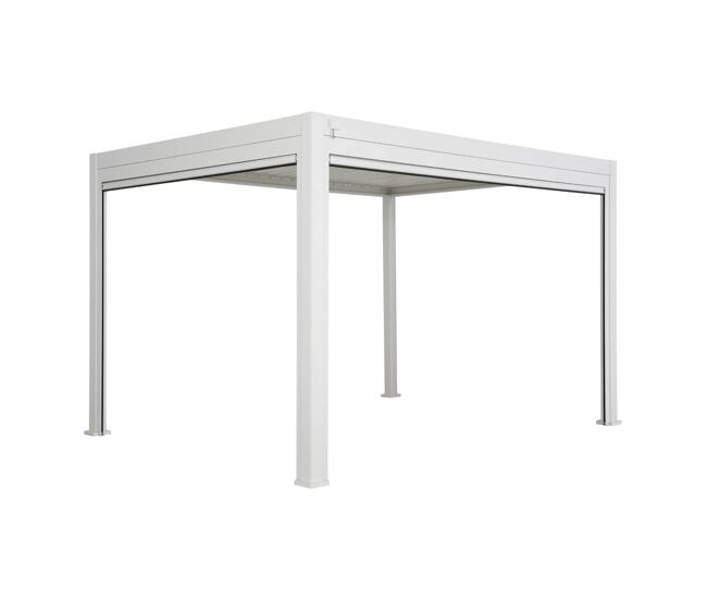 Pérgola bioclimática 3x4m + 2 toldos verticales de 3m y 4m, triomphe 3x4m + accesorios, blanco, 400x300x250 cm