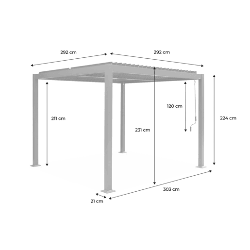 Pérgola bioclimática 3x3m com persiana, alumínio e aço com lâminas ajustáveis, Palace 3x3m, Antracite, 292x292x231 cm