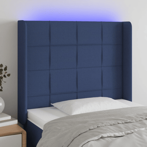 vidaXL Cabeceira de cama c luzes LED tecido 93x16x118128 cm azul