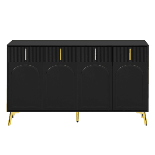 Aparador moderno - 2 portas de vidro com 4 gavetas e prateleiras reguláveis - Preto