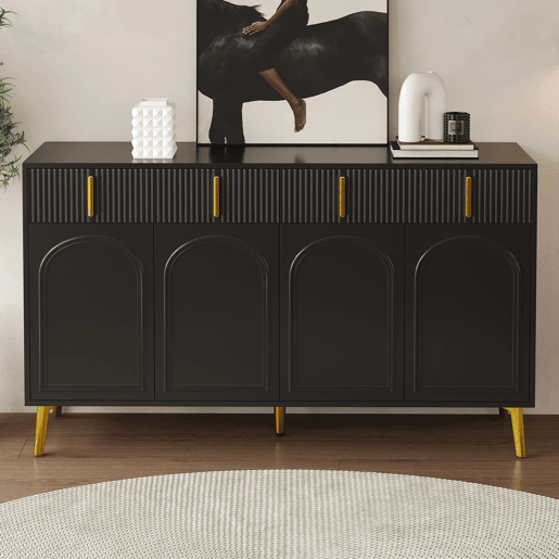 Aparador moderno - 2 portas de vidro com 4 gavetas e prateleiras reguláveis - Preto