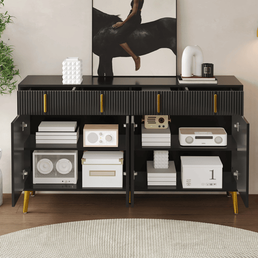 Aparador moderno - 2 portas de vidro com 4 gavetas e prateleiras reguláveis - Preto