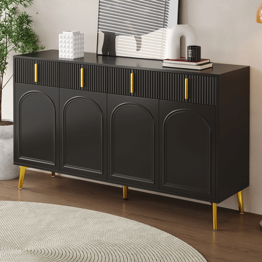 Aparador moderno - 2 portas de vidro com 4 gavetas e prateleiras reguláveis - Preto