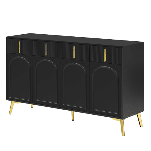 Aparador moderno - 2 portas de vidro com 4 gavetas e prateleiras reguláveis - Preto