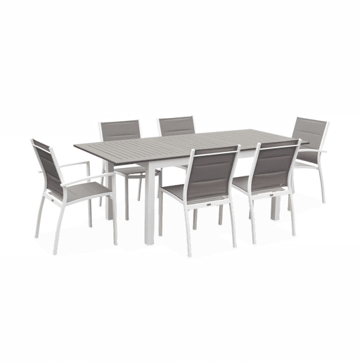 Mesa de jardim extensível em alumínio, 6 cadeiras, Chicago 6, Branco, 210x89x75 cm