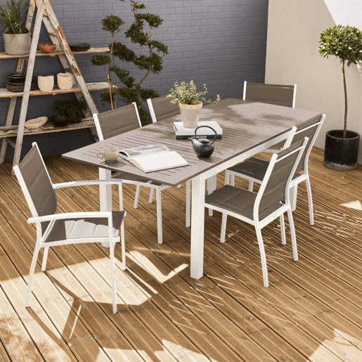 Mesa de jardim extensível em alumínio, 6 cadeiras, Chicago 6, Branco, 210x89x75 cm