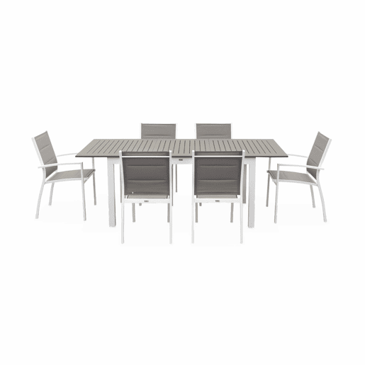 Mesa de jardim extensível em alumínio, 6 cadeiras, Chicago 6, Branco, 210x89x75 cm