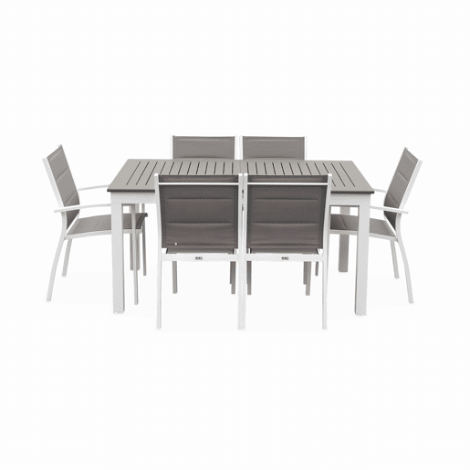 Mesa de jardim extensível em alumínio, 6 cadeiras, Chicago 6, Branco, 210x89x75 cm
