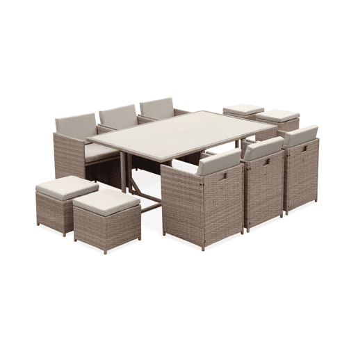 Mesa de jardim embutida em resina, 10 cadeirões, Vabo 10, Beige, 110x168x73 cm