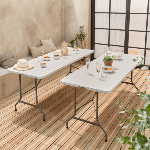 Mesas de recepção em plástico dobrável, set de 2, Fiesta 180cm, Branco, 180x69.5x73.5 cm