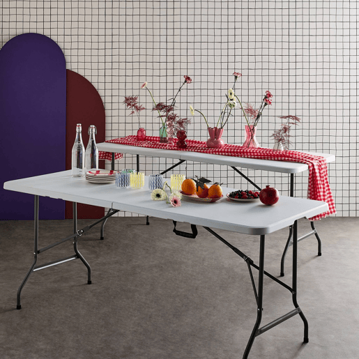 Mesas de recepção em plástico dobrável, set de 2, Fiesta 180cm, Branco, 180x69.5x73.5 cm