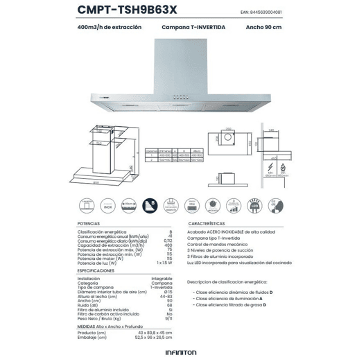 INFINITON Exaustor de parede CMPT-TSH9B63X, 400 m3h, T-Invertido, Largura 90 cm, B, Inox