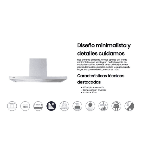 INFINITON Exaustor de parede CMPT-TSH9B63X, 400 m3h, T-Invertido, Largura 90 cm, B, Inox