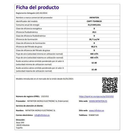 INFINITON Exaustor de parede CMPT-TSH9B63X, 400 m3h, T-Invertido, Largura 90 cm, B, Inox