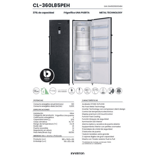 INFINITON Frigorífico Una Puerta CL-360L85PEH, 375 L, No Frost, Inverter, E, STONE OUTLOOK