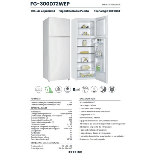 Frigorífico de duas portas INFINITON FG-300D72WEP, 304 l, 172 cm, Cíclico, E, Branco