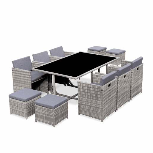 Mesa de jardim embutida em resina, 10 cadeirões, Vabo 10, Tons de cinza, 110x168x73 cm