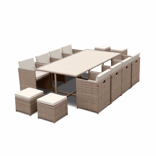 Mesa de jardim embutida em resina tecida, 12 cadeirões, Vabo 12, Beige, 110x222x73 cm