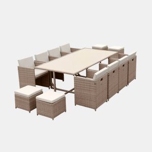 Mesa de jardim embutida em resina tecida, 12 cadeirões, Vabo 12, Beige, 110x222x73 cm
