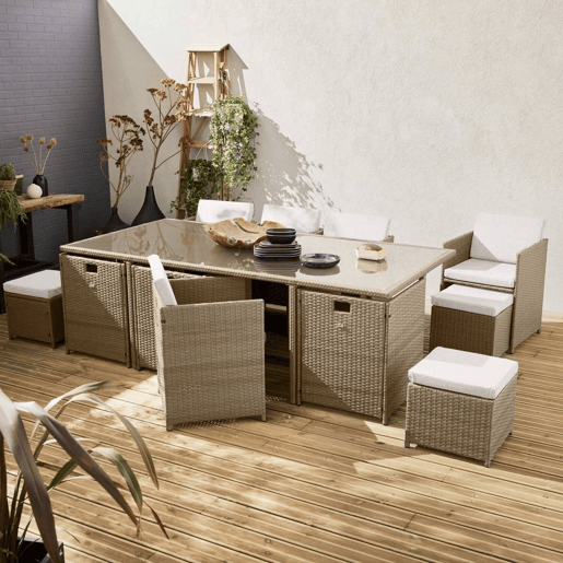 Mesa de jardim embutida em resina tecida, 12 cadeirões, Vabo 12, Beige, 110x222x73 cm