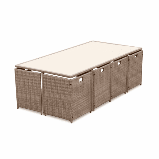 Mesa de jardim embutida em resina tecida, 12 cadeirões, Vabo 12, Beige, 110x222x73 cm