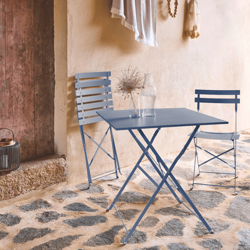 Mesa de jardim bistrô dobrável em metal, 2 cadeiras, Emilia, Azul cinza, 70x707x71 cm