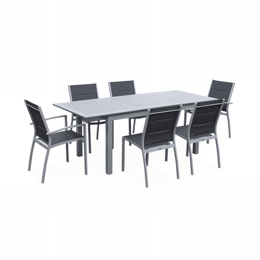 Mesa de jardim extensível em alumínio, 6 cadeiras, Chicago 6, Cinza, 210x89x75 cm
