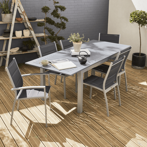 Mesa de jardim extensível em alumínio, 6 cadeiras, Chicago 6, Cinza, 210x89x75 cm