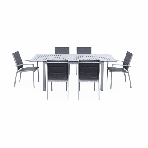 Mesa de jardim extensível em alumínio, 6 cadeiras, Chicago 6, Cinza, 210x89x75 cm